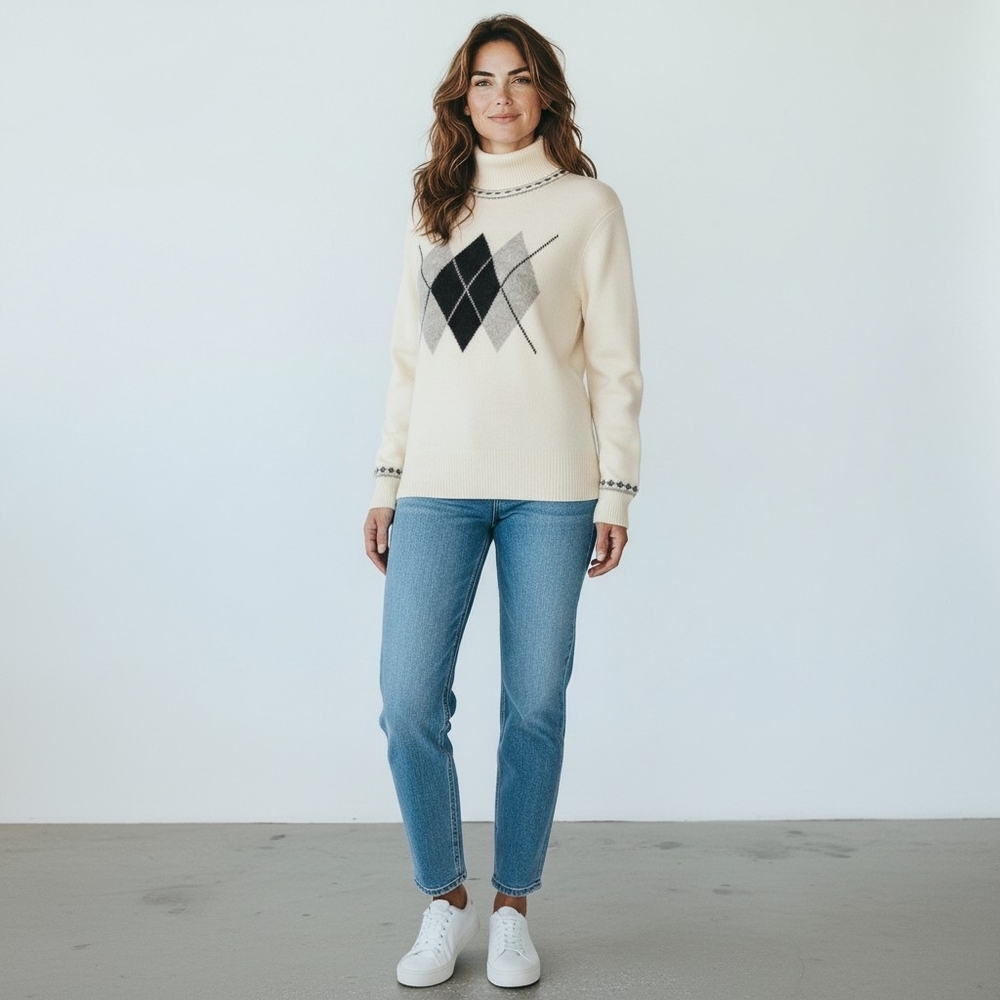 Vintage Women's Argyle Wool Blend Sweater Cream Black‎ Gray Size Petite Medium